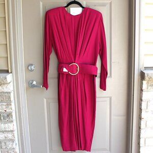 Vintage Hearts Dress Women's Size 11 Fuchsia Long Sleeve Belted Shoulder Pads